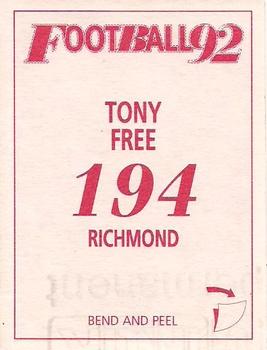 1992 Select AFL Stickers #194 Tony Free Back